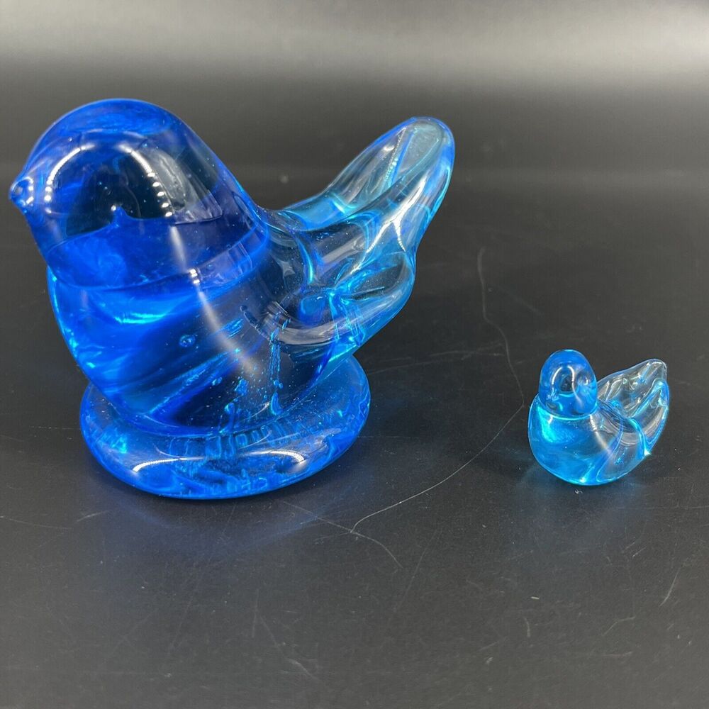 Vintage Bluebird of Happiness Art Glass Signed Leo Ward 1991 Pair Large & Mini